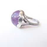 Sterling Silver Gemstone Ring with a unique round Amethyst stone - left side with silver band