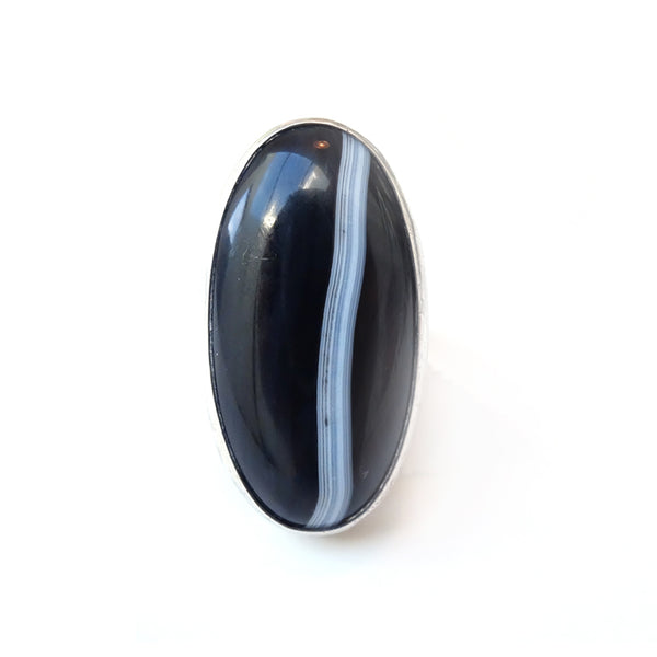 Black Banded Agate Gemstone Ring Set in Sterling Silver 'CONFIDENCE'