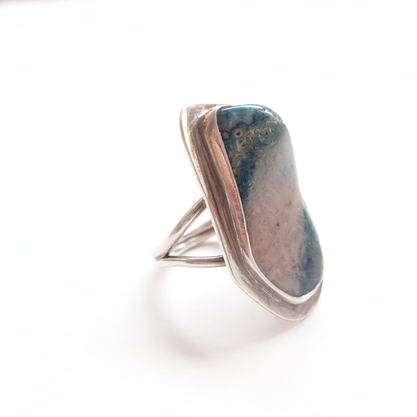 unique shape oval Chrysocolla Gemstone Ring in Silver - right side