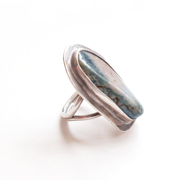 unique shape oval Chrysocolla Gemstone Ring in Silver - bottom right