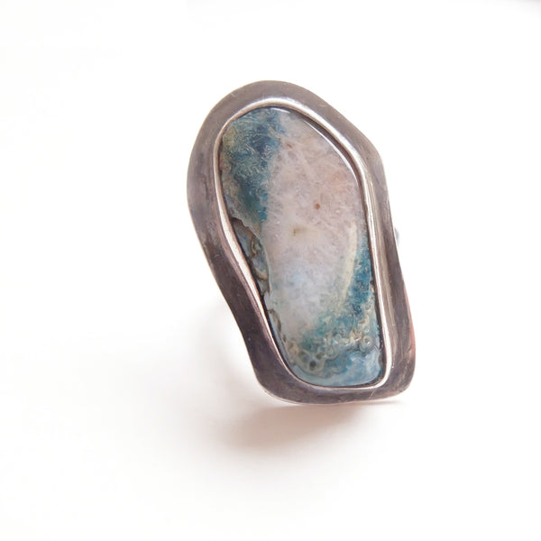 unique shape oval Chrysocolla Gemstone Ring in Silver - front view