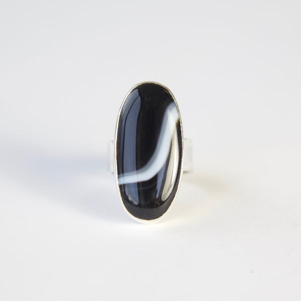 oval black banded agate gemstone ring in sterling silver  -top view