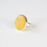 yellow bumble bee jasper in thin silver setting with silver ring - side view