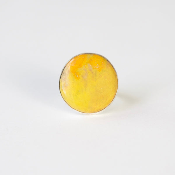 yellow bumble bee jasper in thin silver setting with silver ring - front view