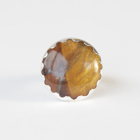 Round Tigers Eye Gemstone Ring in Silver setting - front
