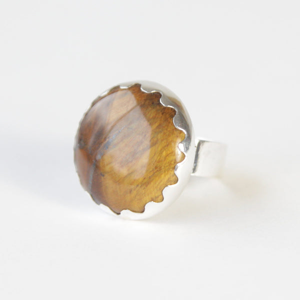 Round Tigers Eye Gemstone Ring in Silver setting - top left