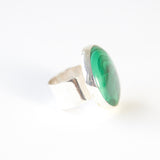 large green malachite gemstone ring - semi precious gemstone ring set in gold with a sterling silver ring - right side