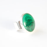 large green malachite gemstone ring - semi precious gemstone ring set in gold with a sterling silver ring - right front