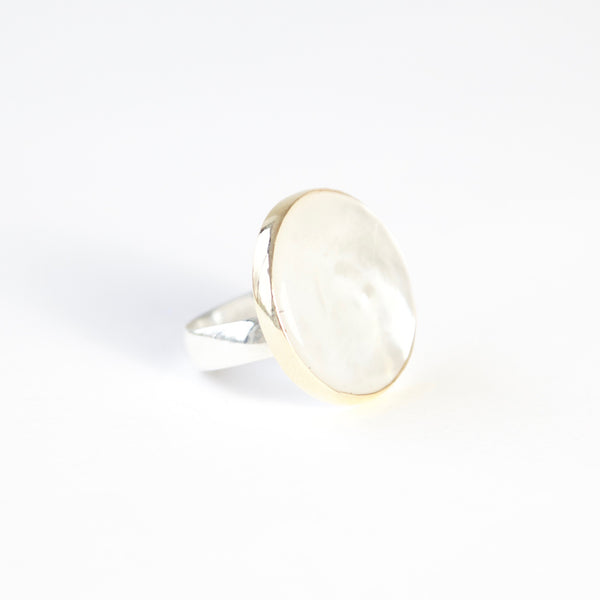 mother of pearl ring - semi precious gemstone ring set in gold with a silver band - right view