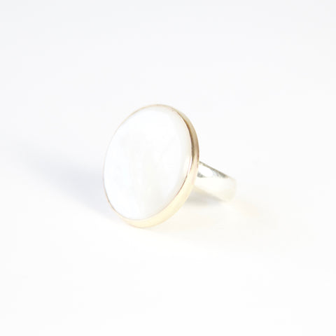 mother of pearl ring - semi precious gemstone ring set in gold with a silver band