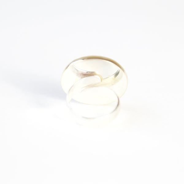 mother of pearl ring - semi precious gemstone ring set in gold with a silver band -  bottom view of ring underside