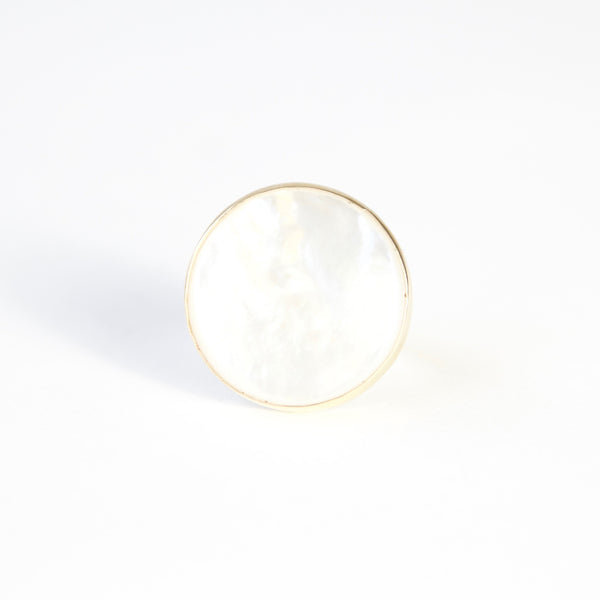 mother of pearl ring - semi precious gemstone ring set in gold with a silver band - front view