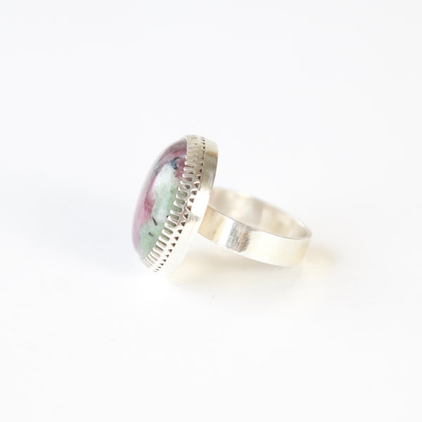 ruby zoisite semi precious gemstone ring in sterline silver - left view