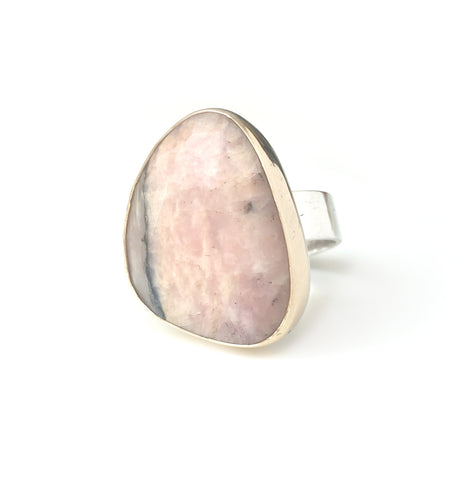pink peruvian gemstone ring in unusual shape - set in gold with sterling silver ring