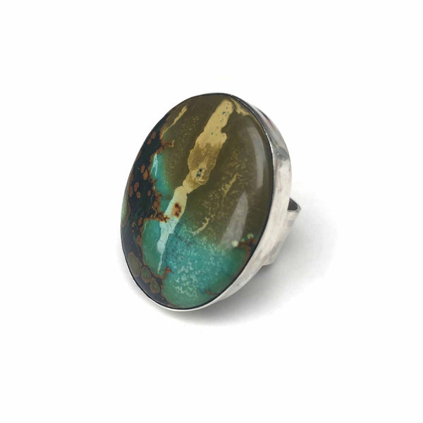 dark colours tibetan turquoise gemstone ring oval - in sterling silver - front left