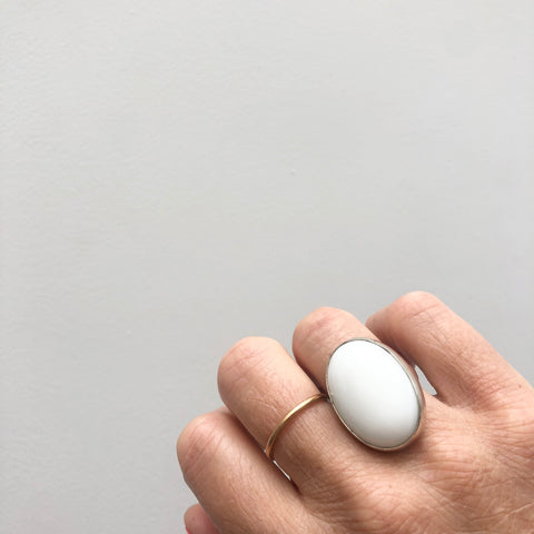 White Onyx Gemstone Ring Set in Sterling Silver with Adjustable band 'CALM'