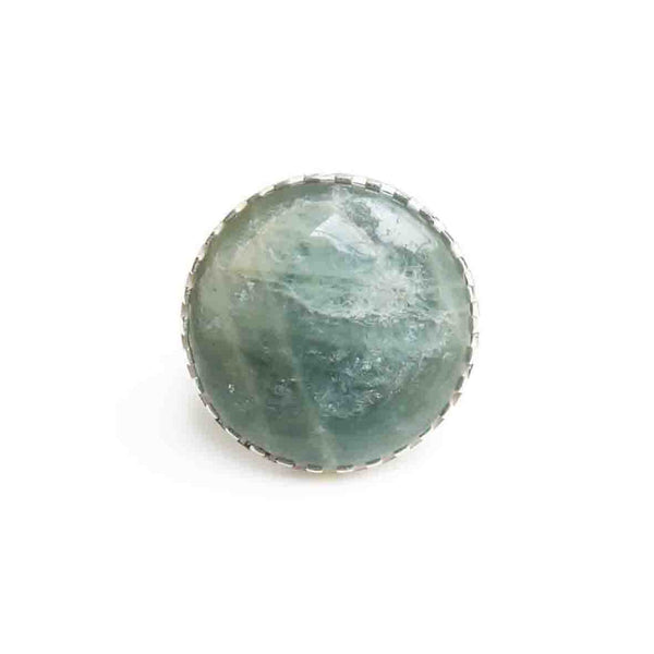 large round aventurine gemstone ring set in sterling silver - view of aventurine semi precious stone