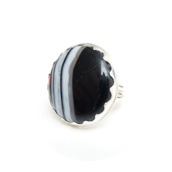 black banded agate gemstone ring in sterling silver - side view