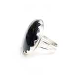 black banded agate gemstone ring in sterling silver - side with silver band