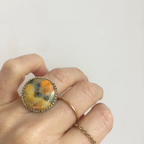 bumble bee jasper gemstone ring in sterling silver setting - on hand