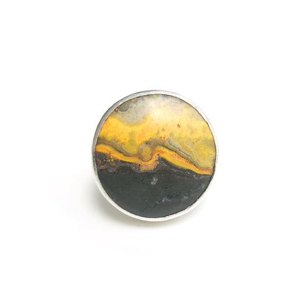 round bumble bee jasper ring in solid silver setting - top view