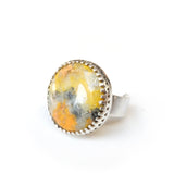 bumble bee jasper gemstone ring in sterling silver setting - side view with silver band