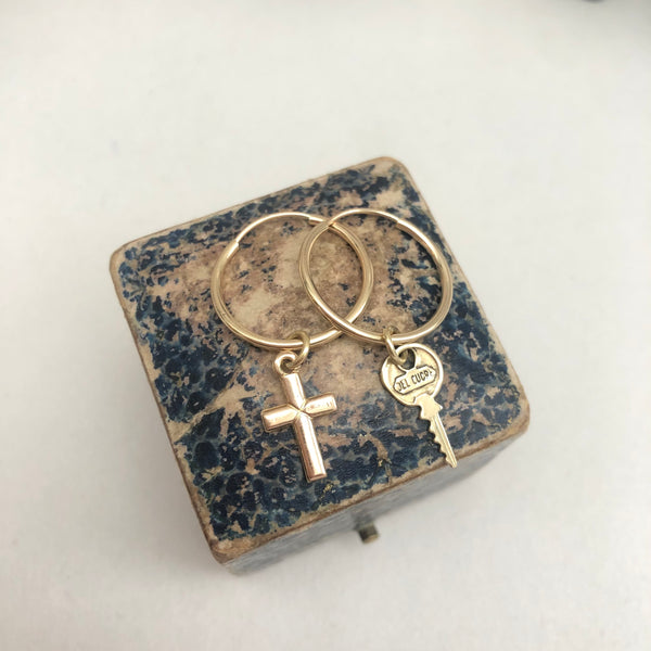 Vintage 9ct Gold Charm Hoops - Key & Cross