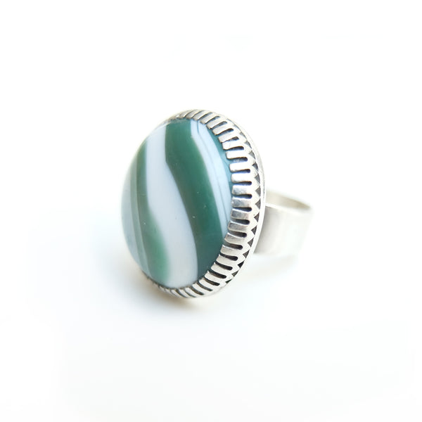 Banded Green Agate Gemstone Ring Set in Sterling Silver 'CONFIDENCE'