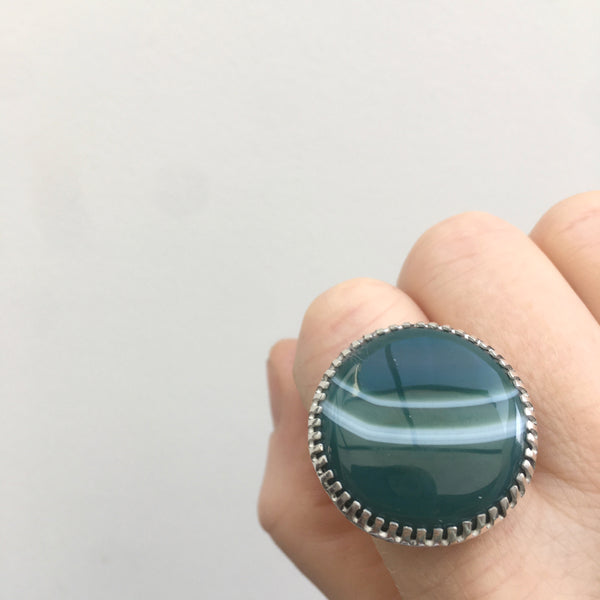 green banded agate gemstone ring in sterline silver - worn on hand