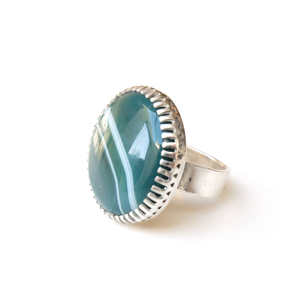 green banded agate gemstone ring in sterline silver - from left