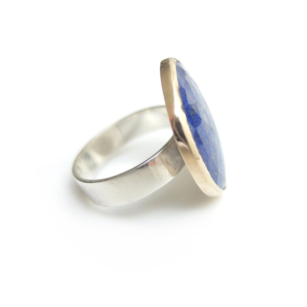 lapis lazuli gemstone ring set in gold with a sterling silver ring - right side