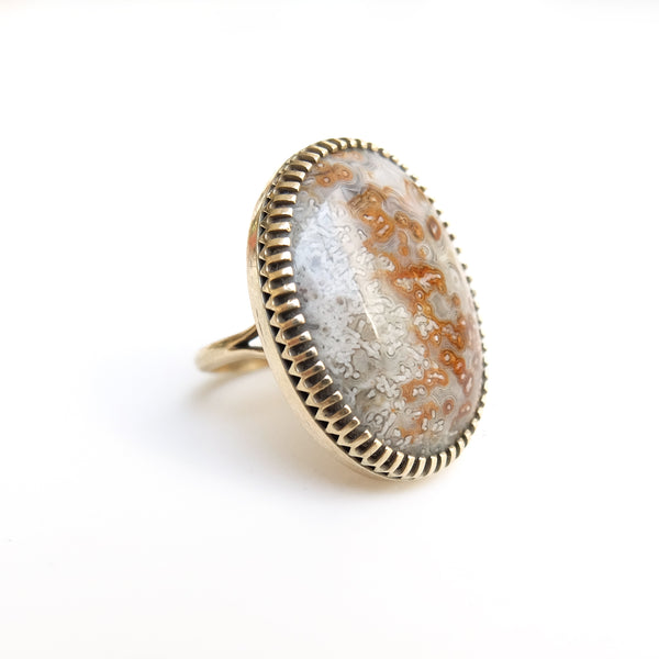 Mexican Lace Agate Gemstone Ring - Silver & Gold - side view - handmade