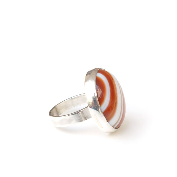 Orange Banded Agate Gemstone Ring in Sterling Silver - right side with silver band