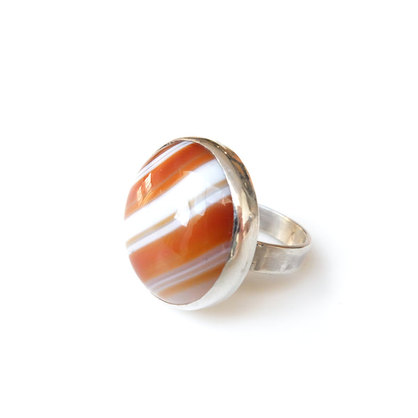 Orange Banded Agate Gemstone Ring in Sterling Silver - side view with band