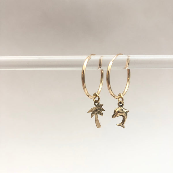 Vintage 9ct Gold Charm Hoops - Dolphin & Palm Tree