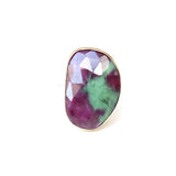 Ruby Zoisite gemstone ring set in gold with a sterling silver band - top view of semi precious stone