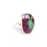 Ruby Zoisite gemstone ring set in gold with a sterling silver band - right front view