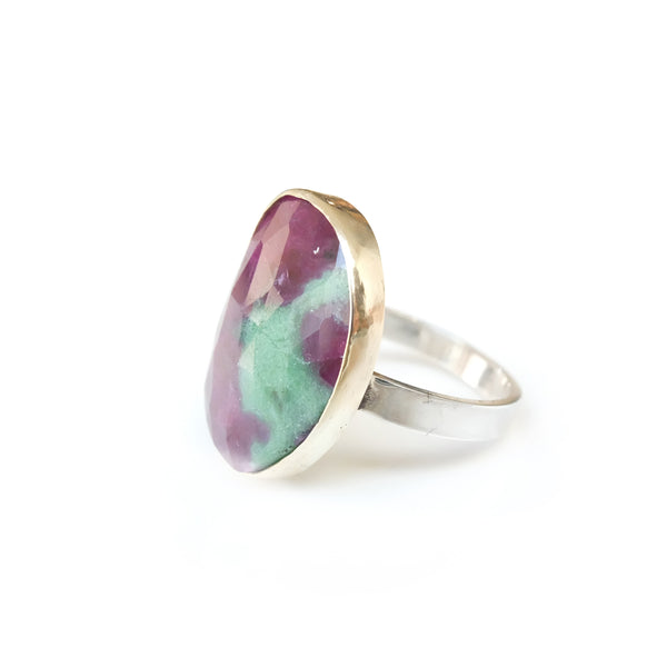 Ruby Zoisite gemstone ring set in gold with a sterling silver band - left side view