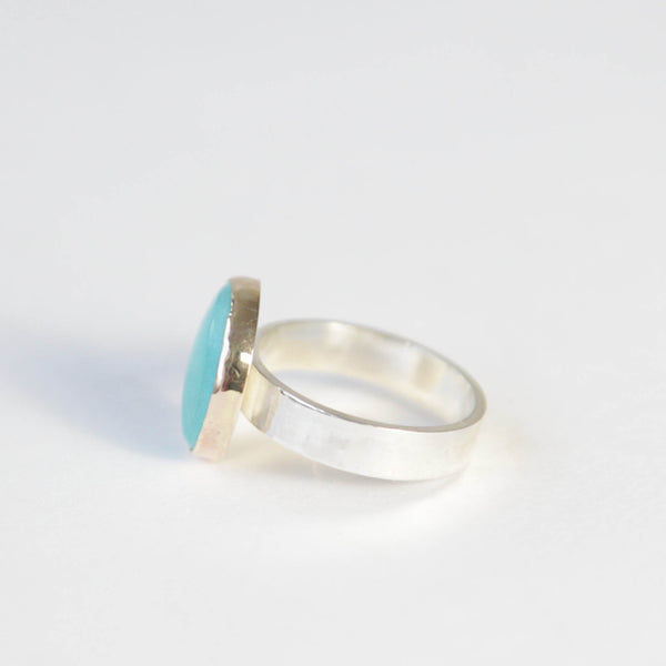 bright small turquoise gemstone ring set in 9ct gold with silver ring - left side