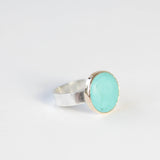 bright small turquoise gemstone ring set in 9ct gold with silver ring - front right