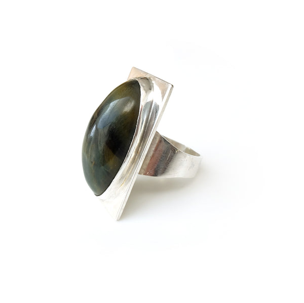 Oval tigers eye gemstone ring set in square sterling silver setting