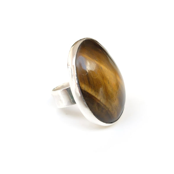 Oval Tigers Eye Gemstone Ring set in sterling Silver - from right