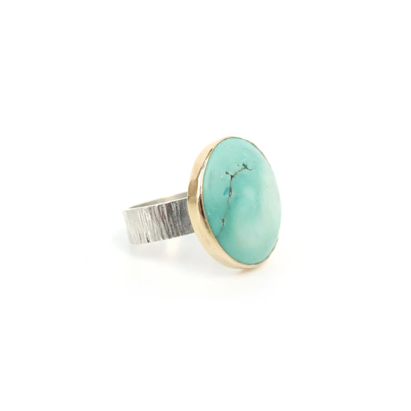 bright tibetan turquoise gemstone ring set in 9ct gold and sterling silver - front right