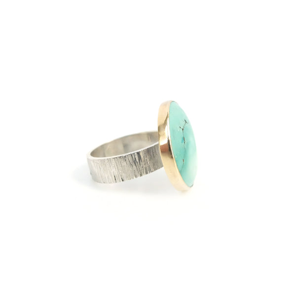 bright tibetan turquoise gemstone ring set in 9ct gold and sterling silver - right side
