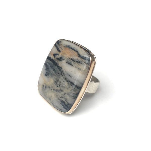 Square Striped Zebra Gemstone Ring Set in 9ct Gold & sterling Silver - front left